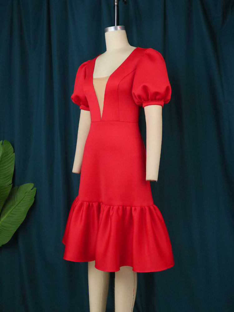 Damen elegantes Wickelkleid mit voluminösen Puffärmeln und Rüschensaum R&B