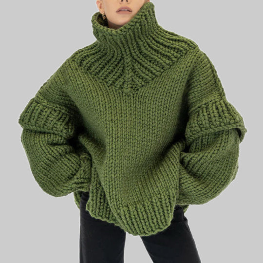 Damen Lockerer Strickpullover mit voluminösen Ärmeln und hohem Kragen R&B