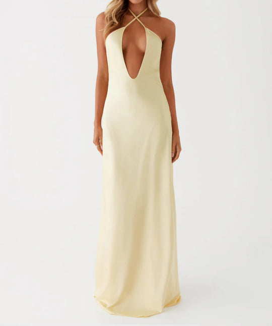 Damen Maxikleid mit tiefem V-Ausschnitt und eleganter Rückenansicht R&B
