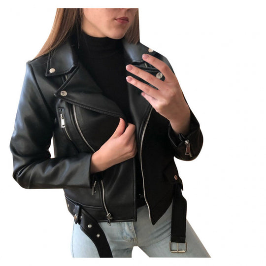 Damen Kunstleder Bikerjacke mit Zierelementen