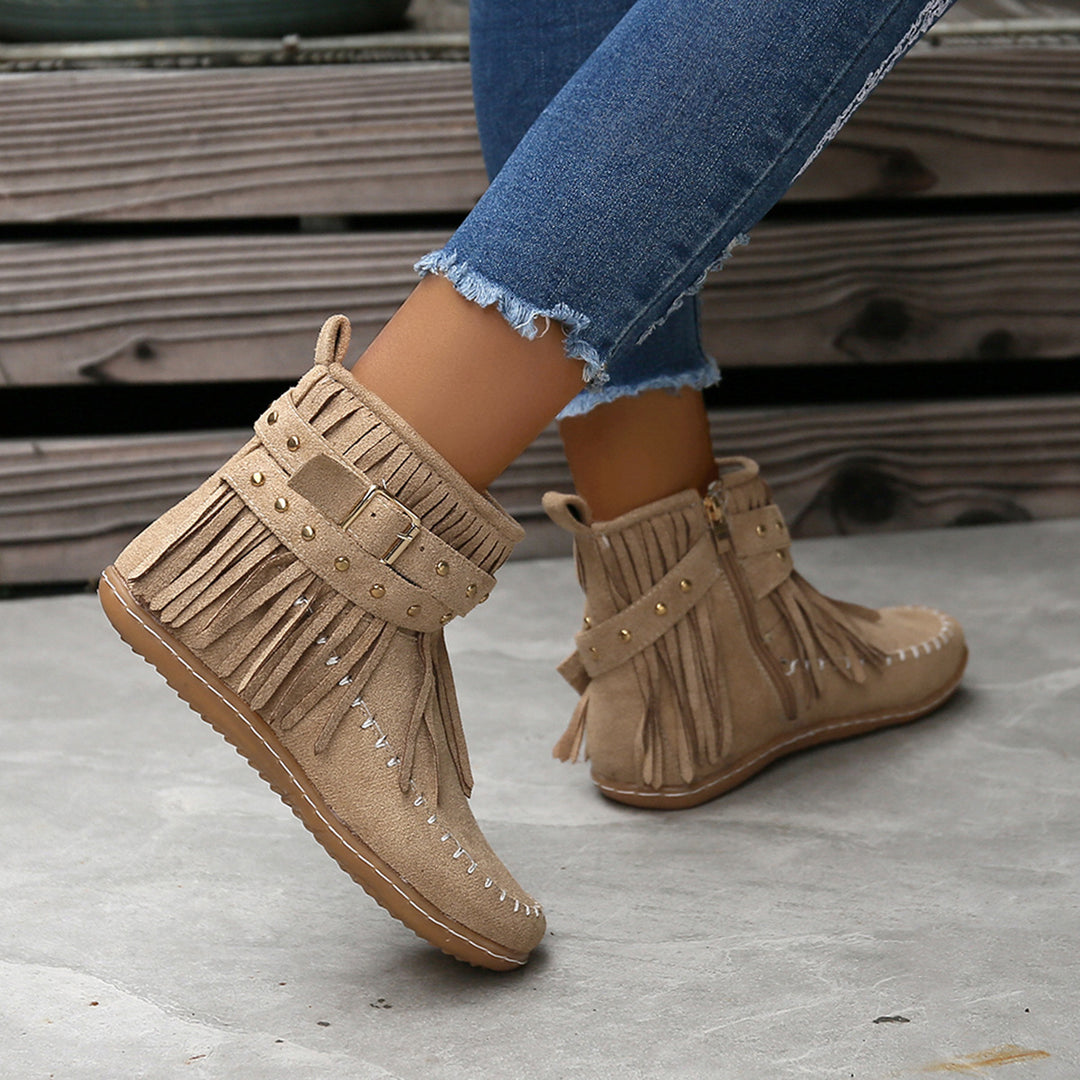 Damen Fransen-Boots aus weichem Wildleder mit dekorativem Riemen R&B