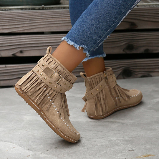 Damen Fransen-Boots aus weichem Wildleder mit dekorativem Riemen R&B