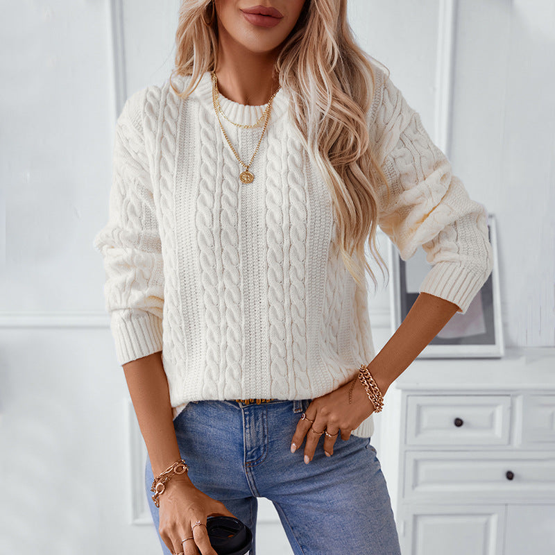 Damen Strickpullover mit Zopfmuster und hohen Bündchen