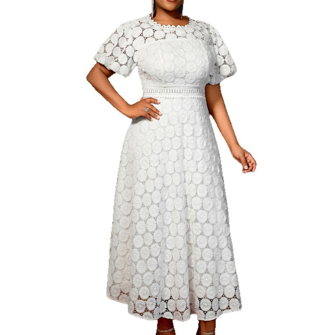 Damen Midi-Kleid mit eleganter Spitzenapplikation und Puffärmeln R&B