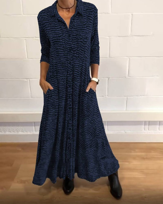 Damen nan fließendes Maxikleid mit Hemdkragen, halblangen Ärmeln und Seitentaschen R&B