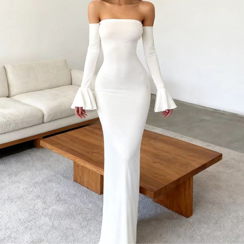 Damen Körperbetontes Off-Shoulder Abendkleid mit langen Ärmeln und voluminösen Abschlüssen R&B