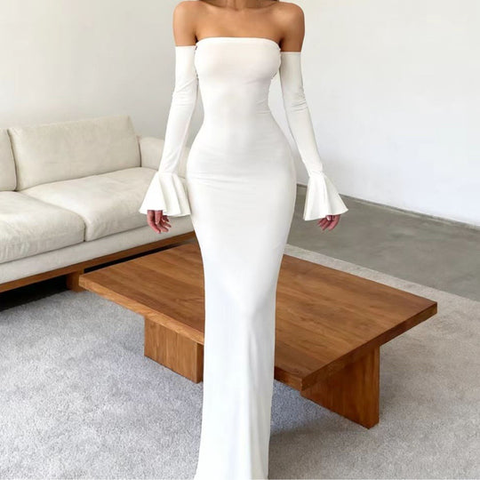 Damen Körperbetontes Off-Shoulder Abendkleid mit langen Ärmeln und voluminösen Abschlüssen R&B