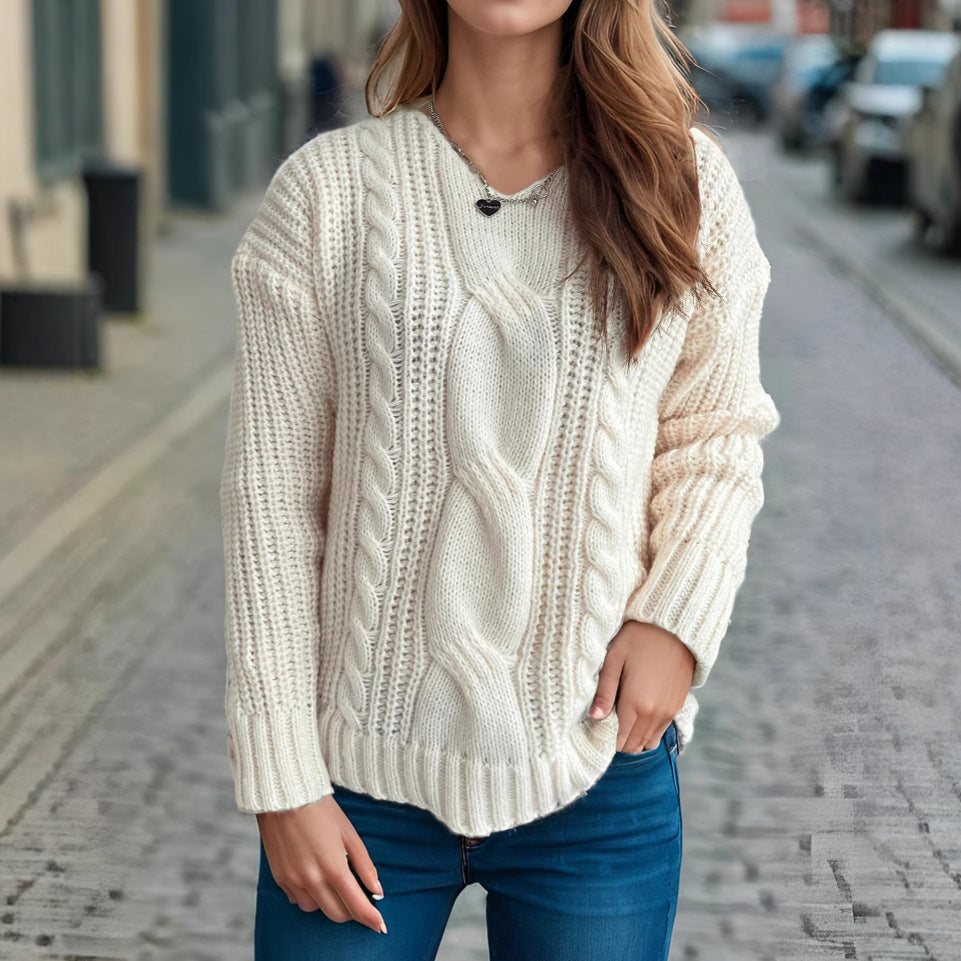 Damen Grobstrickpullover mit kreativem Zopfdesign und lässigem Schnitt R&B
