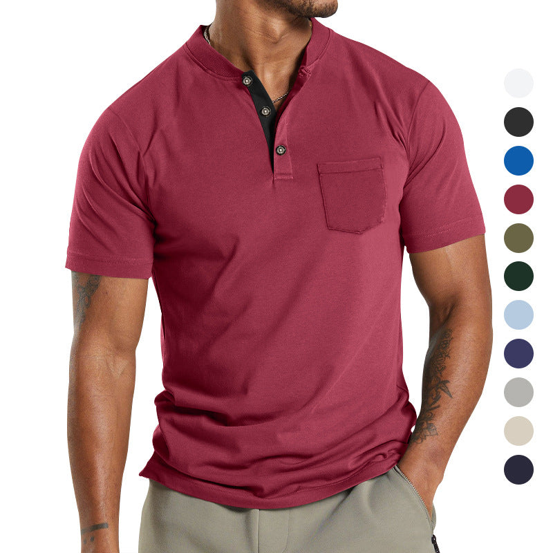 Herren Kurzarm-Henley-T-Shirt mit praktischer Brusttasche und modernem Kragen R&B