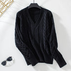 Damen modischer Strickpullover mit tiefem V-Ausschnitt und Zopfmuster
