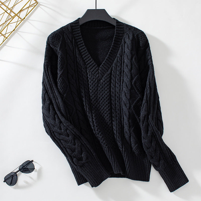 Damen modischer Strickpullover mit tiefem V-Ausschnitt und Zopfmuster