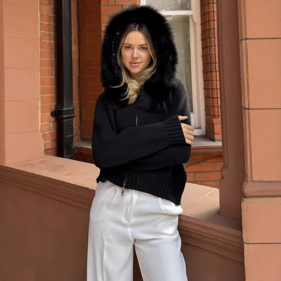 Damen Strickjacke mit luxuriösem Kunstfellkragen und Reißverschluss R&B