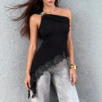 Damen nan tailliertes Ein-Schulter-Jersey-Top mit Zierring und asymmetrischem Spitzen-Saum R&B