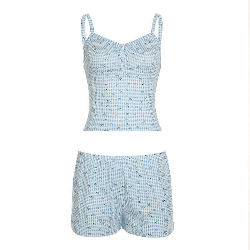 Damen luftiges Schlafanzug-Set mit charmantem Blumendruck und verstellbaren Trägern R&B