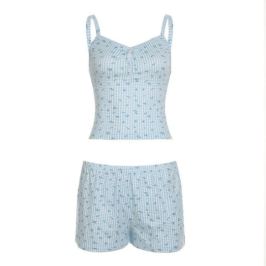 Damen luftiges Schlafanzug-Set mit charmantem Blumendruck und verstellbaren Trägern R&B