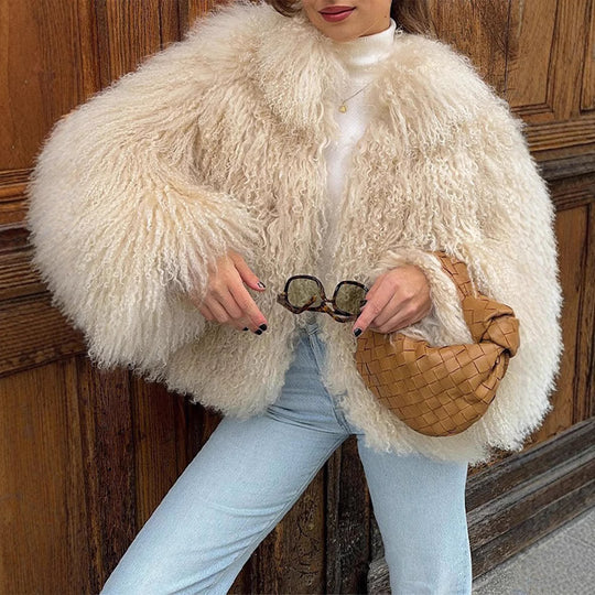 Damen Eleganter Kunstpelzmantel mit hohem Kragen und stilvollem Schnitt R&B