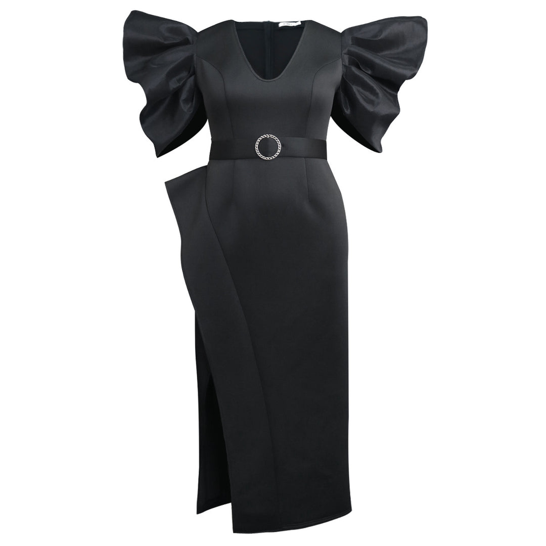 Damen Elegantes Abendkleid mit voluminösen Puffärmeln und einem stilvollen Gürtel R&B
