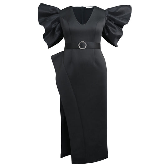 Damen Elegantes Abendkleid mit voluminösen Puffärmeln und einem stilvollen Gürtel R&B
