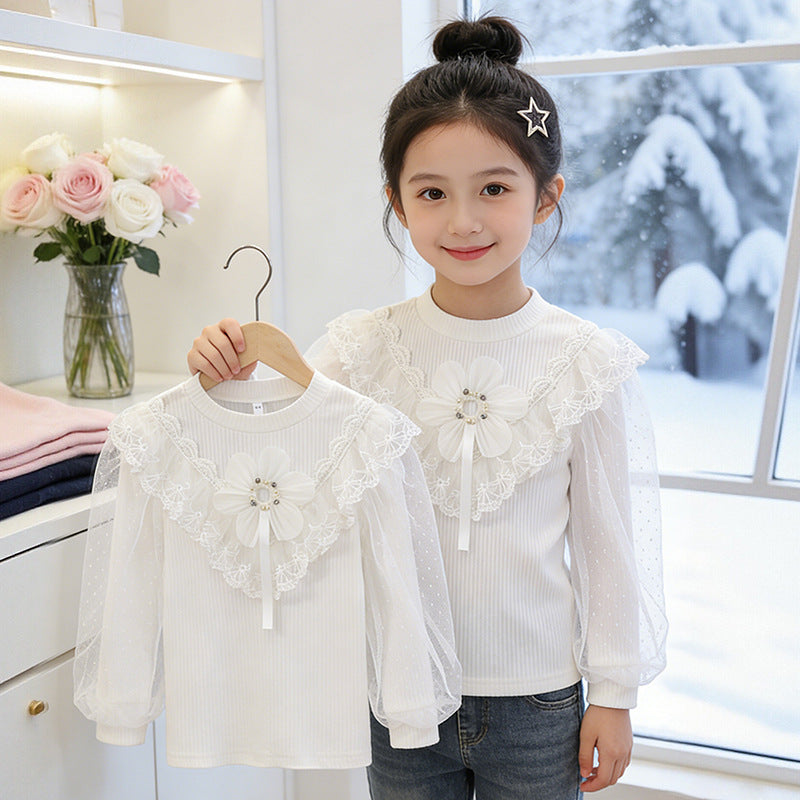 Mädchen elegante Bluse mit floralen Applikationen und transparenter Spitze R&B