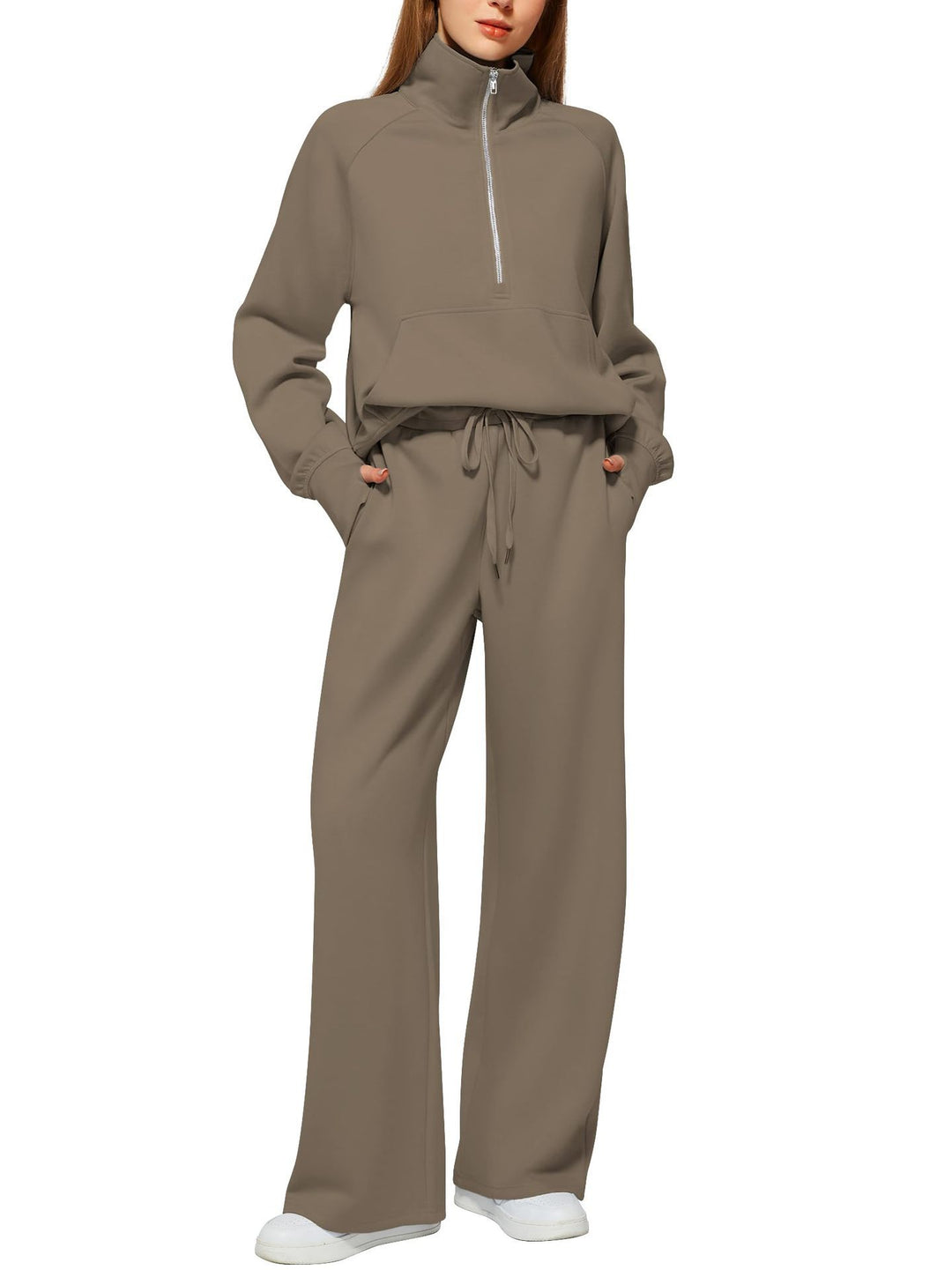 Damen Freizeit Sweatpants-Anzug mit hohem Kragen und Kängurutasche R&B