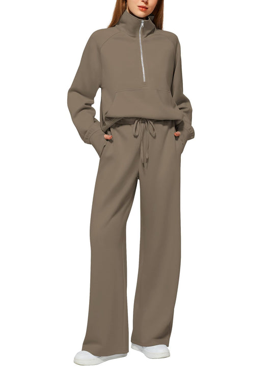 Damen Freizeit Sweatpants-Anzug mit hohem Kragen und Kängurutasche R&B