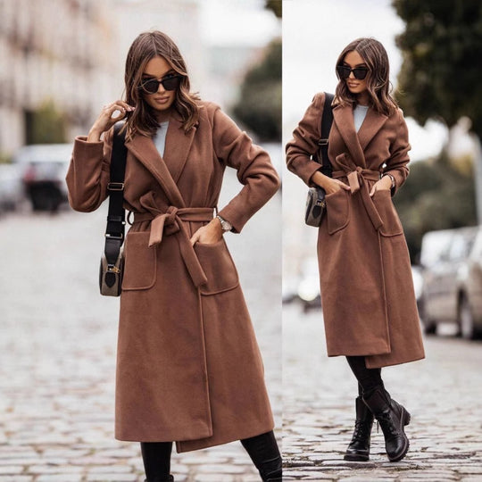 Damen Eleganter Wickel-Mantel mit praktischen Taschen und taillierbarem Gürtel R&B