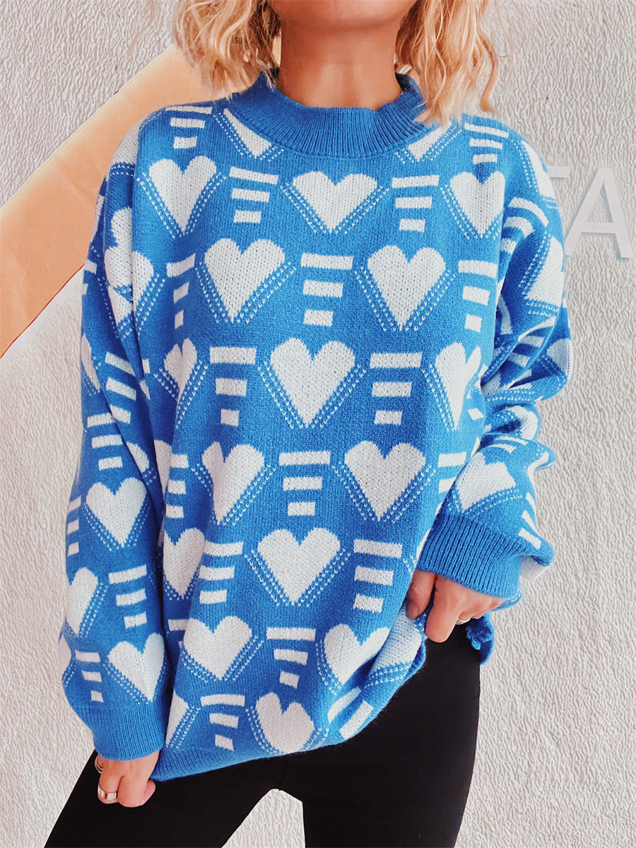 Damen gestrickter Pullover im modernen Herzdesign mit weitem Schnitt R&B