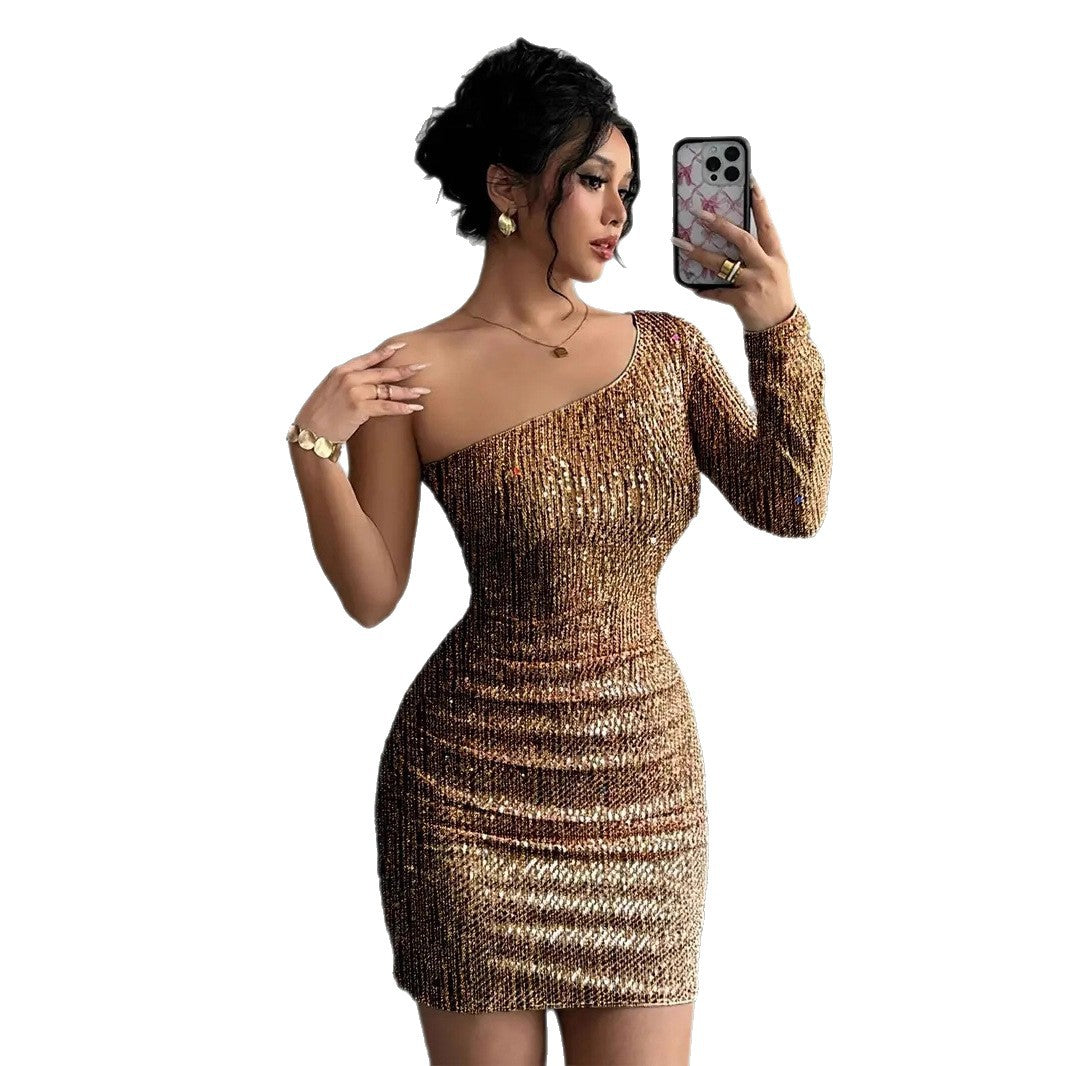 Damen Glitzerndes Cocktailkleid mit asymmetrischem Träger und Raffungen R&B