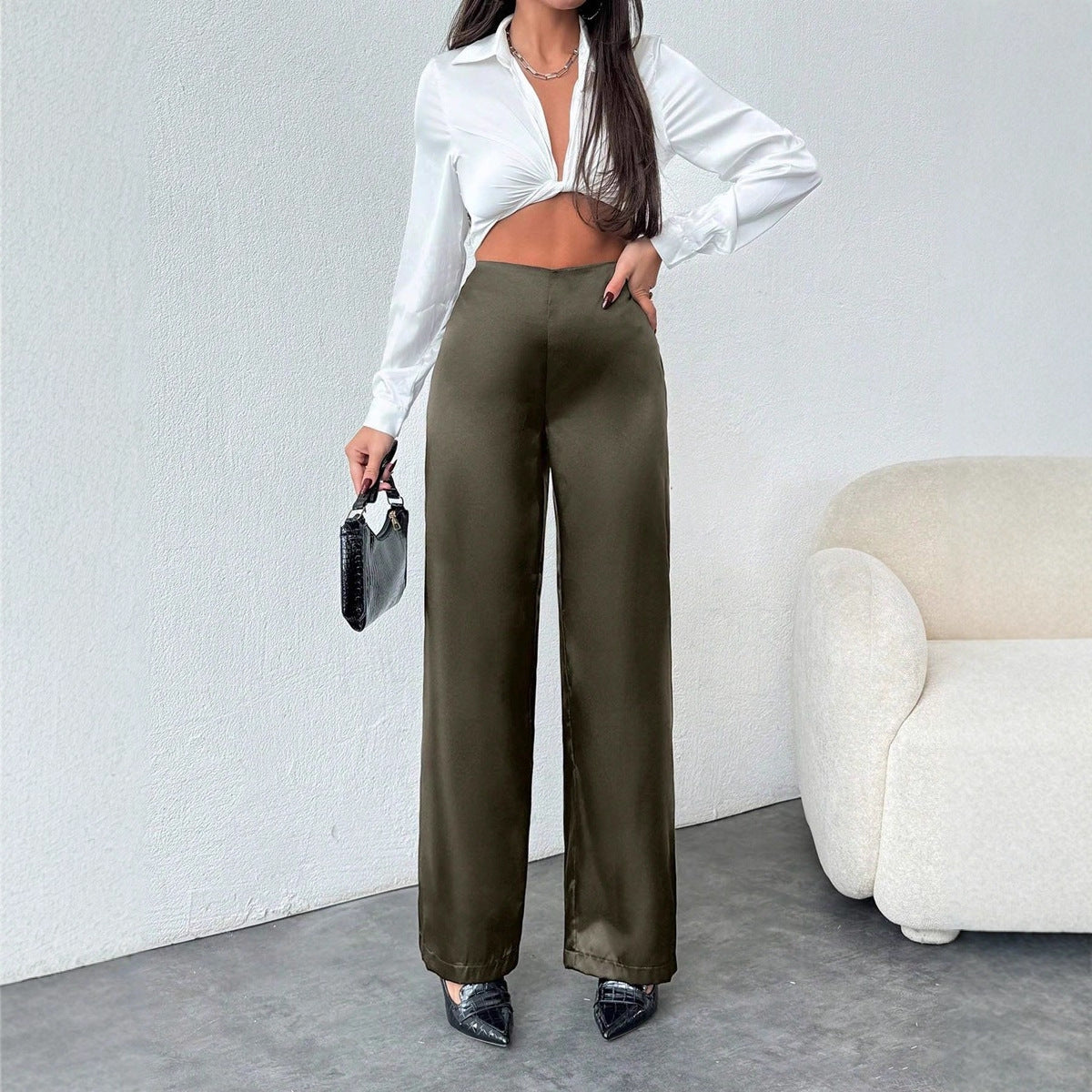 Damen elegante, weite Satin-Hose mit hohem Bund und fließendem Schnitt R&B
