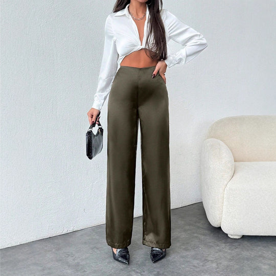 Damen elegante, weite Satin-Hose mit hohem Bund und fließendem Schnitt R&B