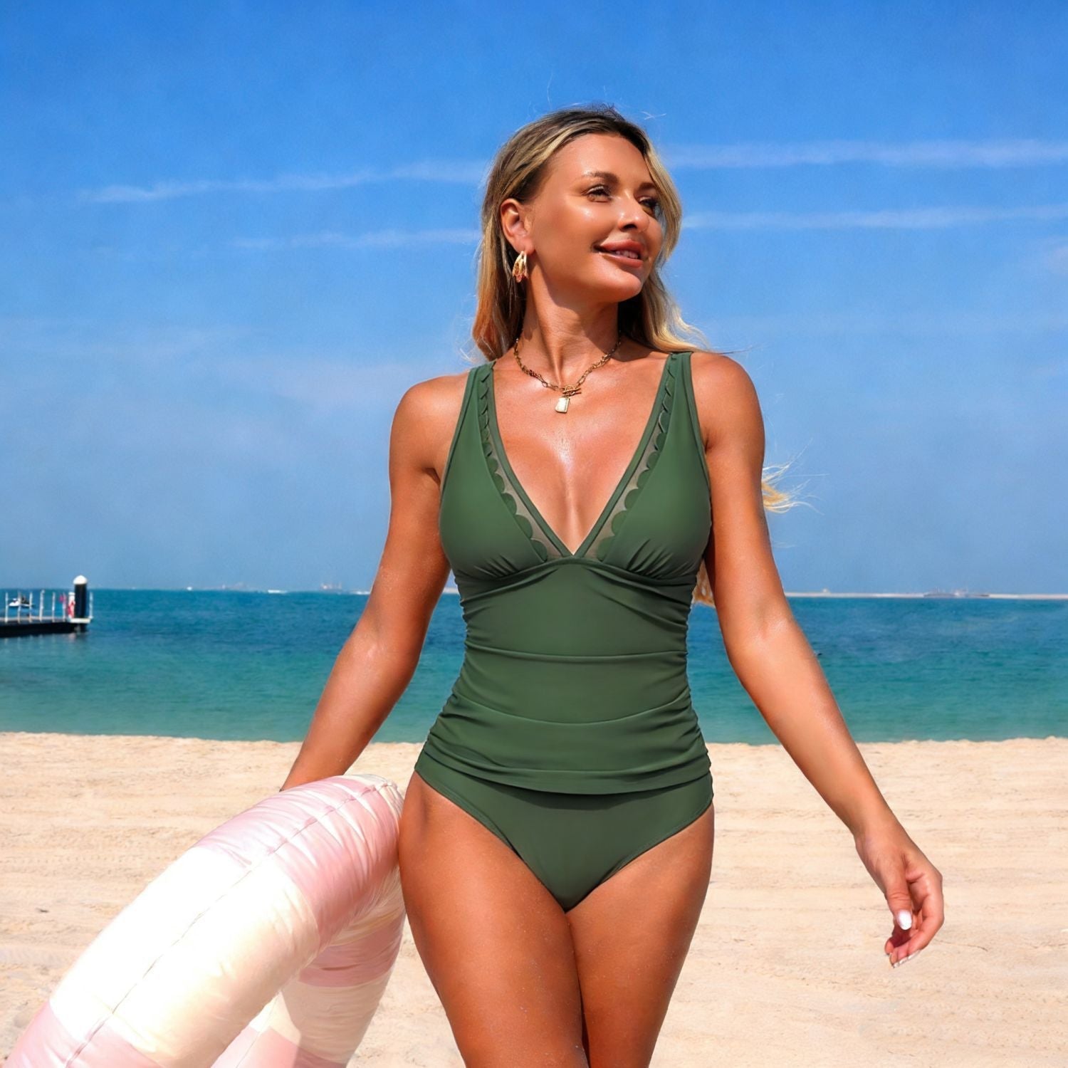 Damen Eleganter Hochtaillierter Einteiler Badeanzug mit modischen Cut-Out-Details R&B