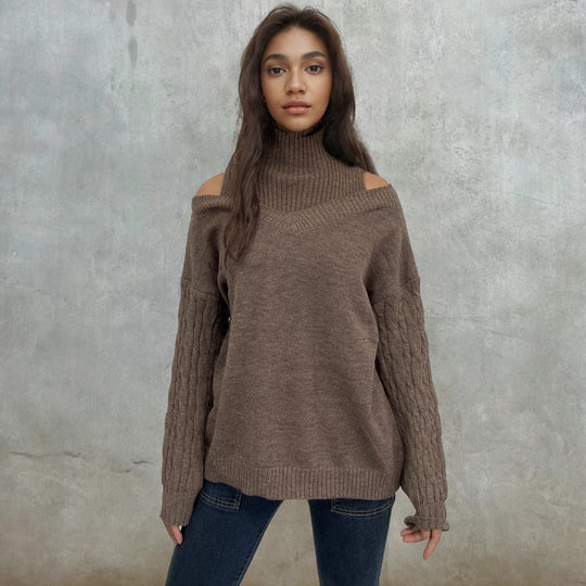 Damen Strickpullover mit Off-Shoulder-Design und strukturierten Ärmeln R&B