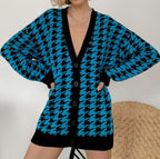 Damen Grobstrickpullover mit modernem Hahnentrittmuster und Knopfleiste R&B