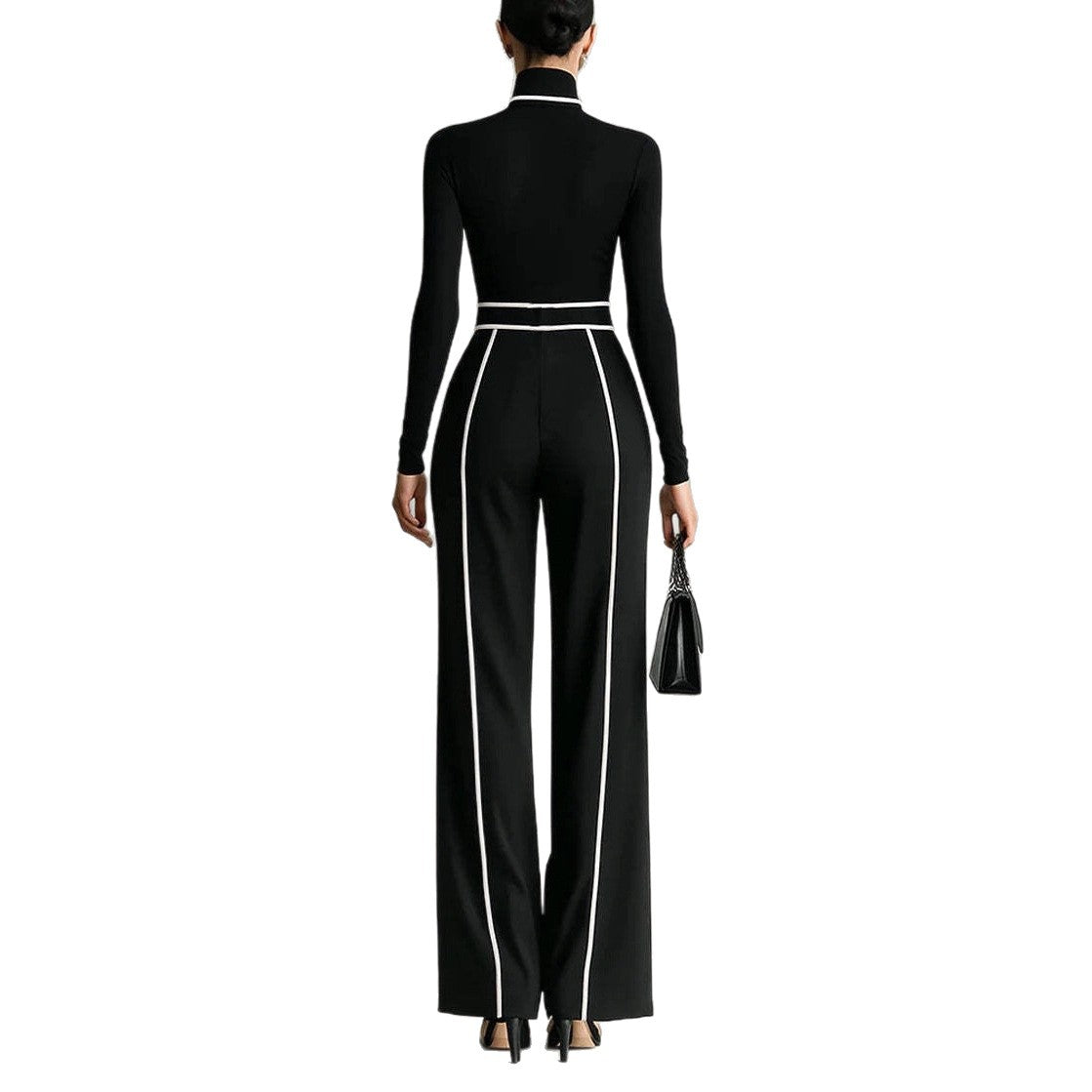 Damen nan elegantes Strickset mit tailliertem Rollkragenoberteil und weiter Plisseehose mit Taillengürtel R&B