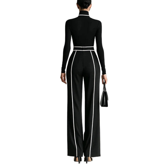 Damen nan elegantes Strickset mit tailliertem Rollkragenoberteil und weiter Plisseehose mit Taillengürtel R&B
