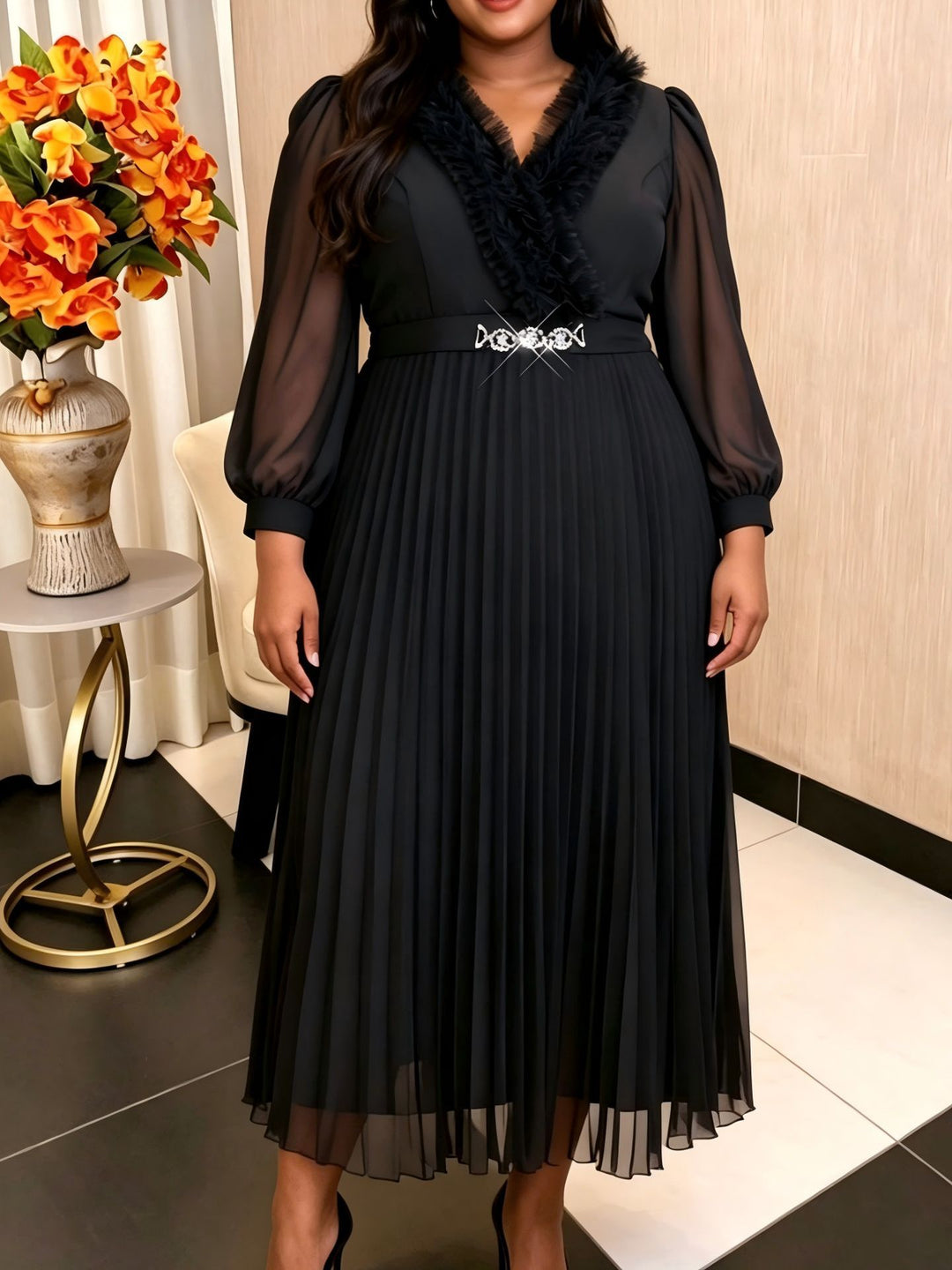Damen Elegantes plissiertes Midi-Kleid mit Rüschendetails R&B
