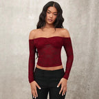 Damen Off-Shoulder Spitzenoberteil mit langen Ärmeln und romantischen Details R&B