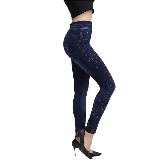 Damen Elegante Jeansleggings mit floralen Applikationen und hohem Bund R&B