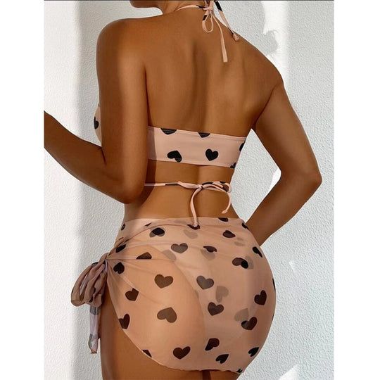 Damen Bikini-Set mit verspieltem Herzmotiv und transparentem Wickelrock R&B