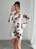 Damen nan figurbetontes Minikleid mit Rosenmuster und Trompetenärmeln R&B