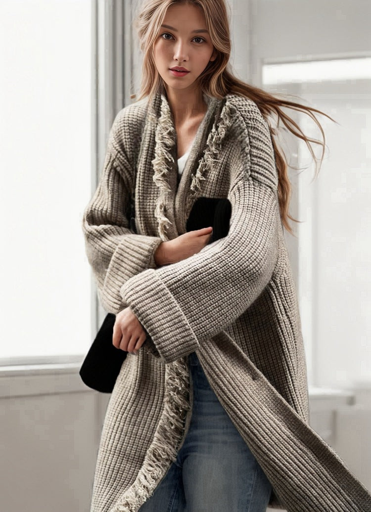 Damen lässiger Strickmantel mit fransigen Abschlüssen und großzügigen Taschen R&B
