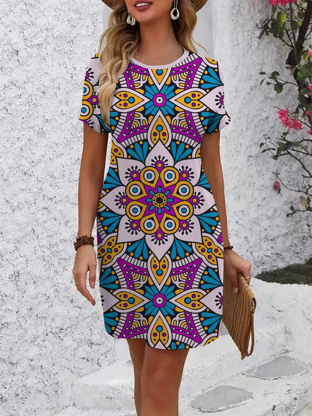 Damen farbenfrohes Mandala Kleid im lässigen Schnitt R&B