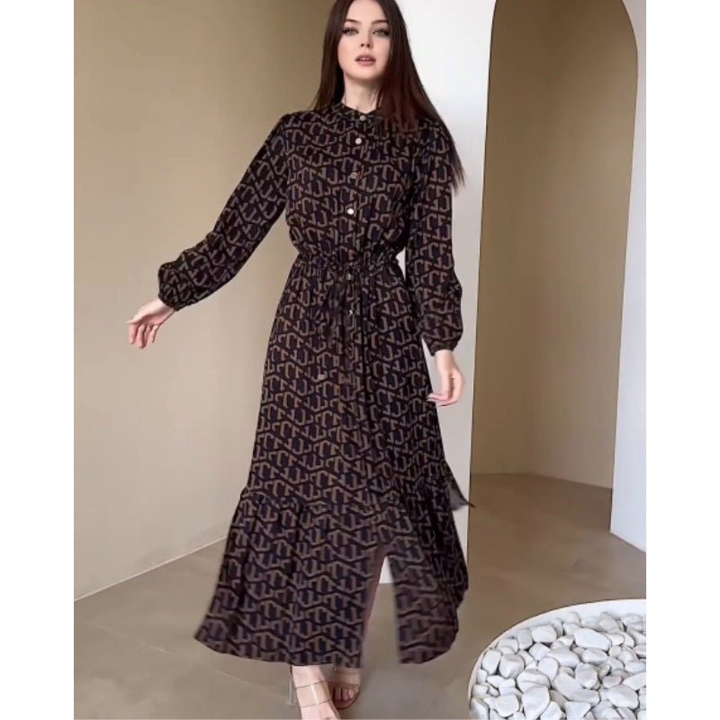 Damen Maxikleid mit taillierbarem Bindegürtel R&B