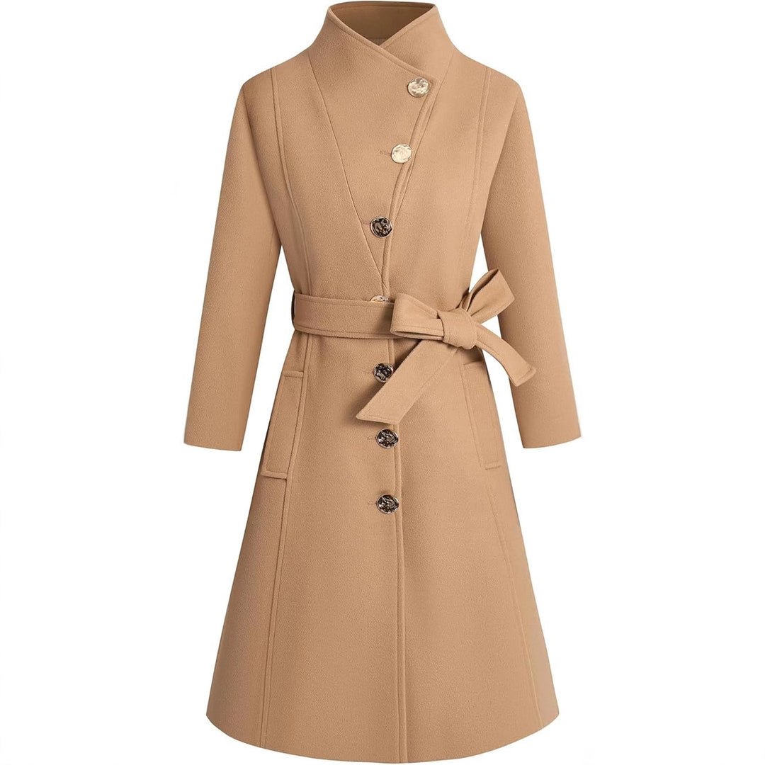Damen eleganter Wrap-Mantel mit ausgefallenem Kragen und Gürtel R&B