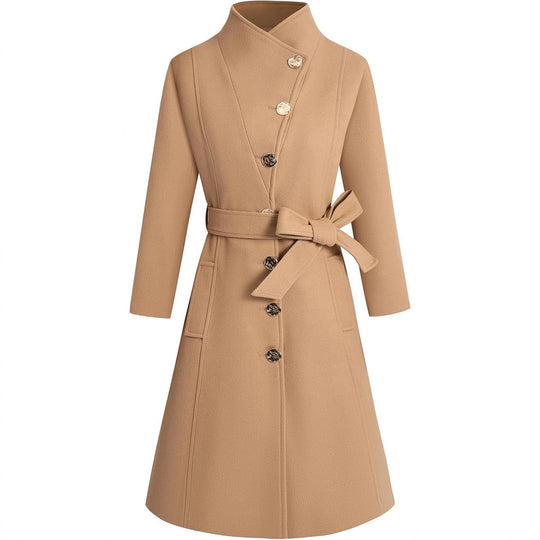 Damen eleganter Wrap-Mantel mit ausgefallenem Kragen und Gürtel R&B