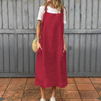 Damen lässiges Leinenkleid mit praktischen Taschen und verstellbaren Trägern R&B