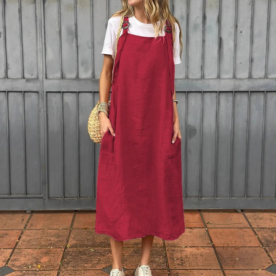 Damen lässiges Leinenkleid mit praktischen Taschen und verstellbaren Trägern R&B