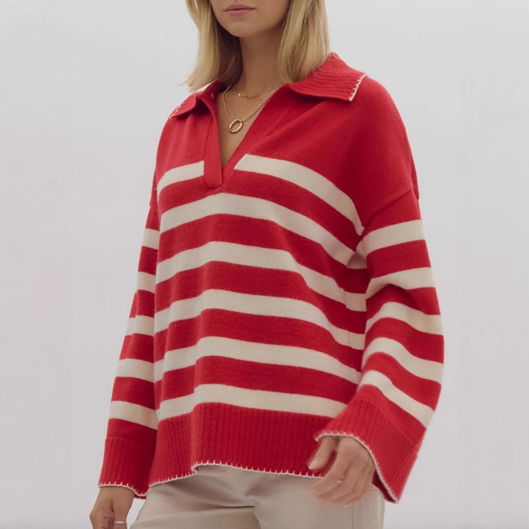 Damen kuschelige Strickpullover mit modernem Streifenmuster und V-Ausschnitt R&B
