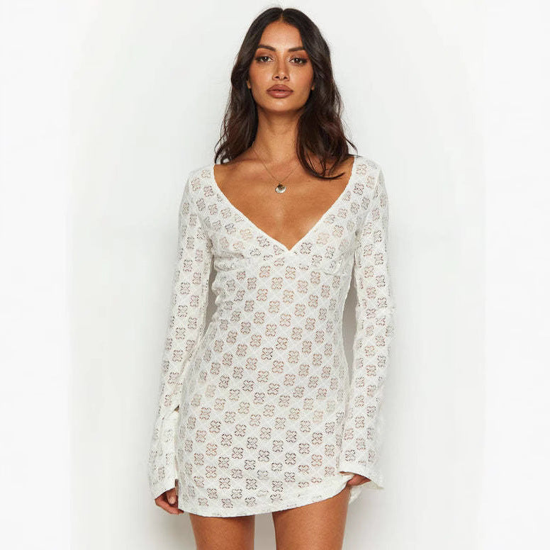 Damen Spitzen-Kleid mit V-Ausschnitt und langen Ärmeln R&B