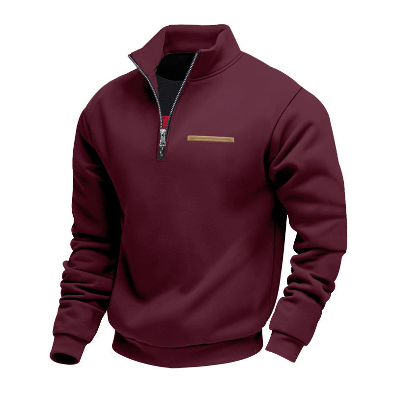 Herren nan Sweatshirt mit halbem Reißverschluss, Stehkragen und Brust-Welttasche R&B